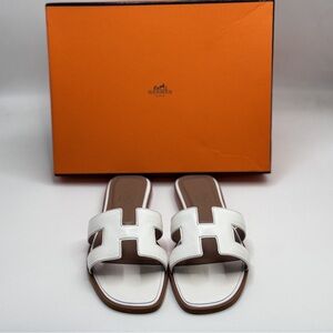 Hermes White Leather Sandals